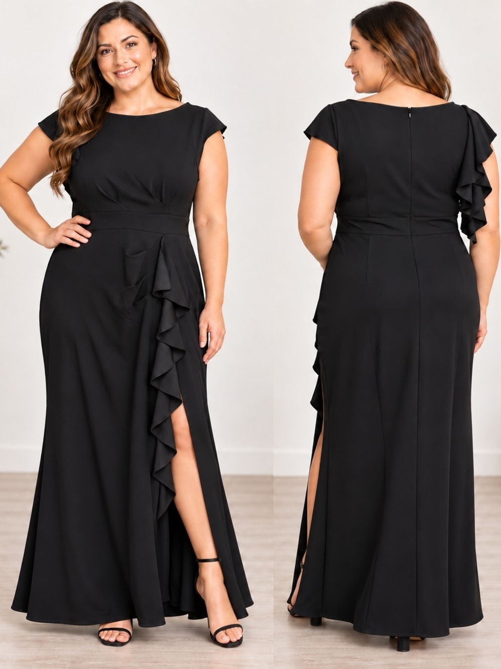 WOOSEA XXL Black Ruffle Maxi Dress Evening Glam Minimalist Formal